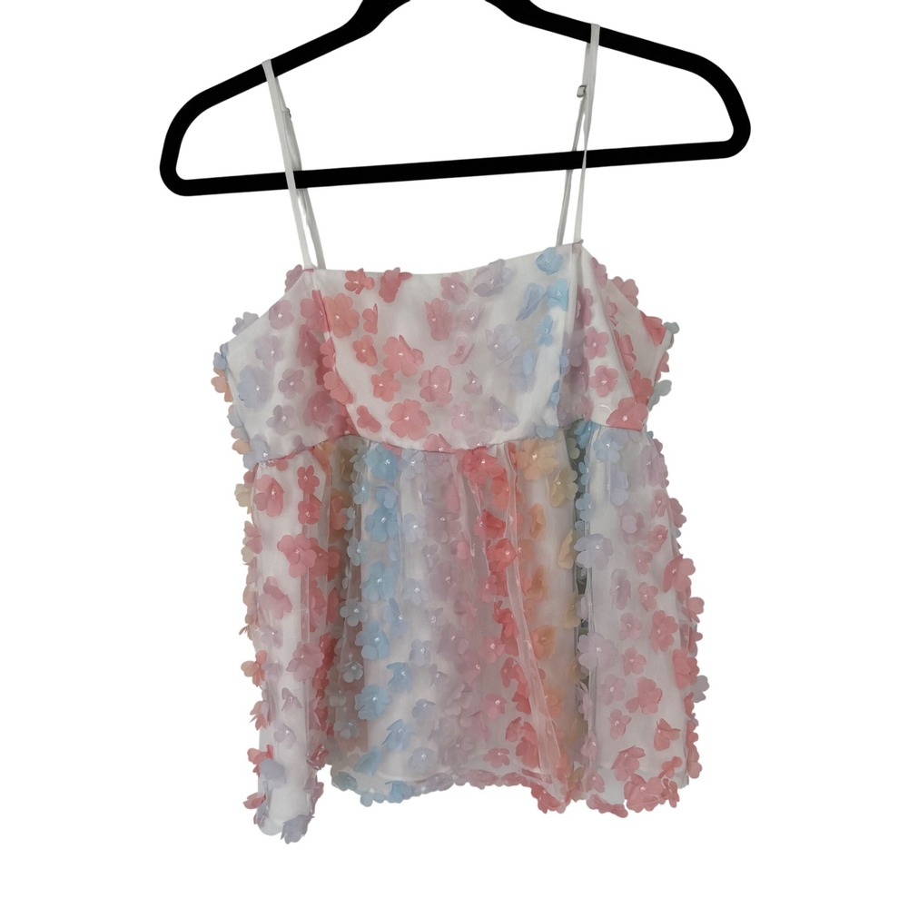 Storia Floral 3D Applique Top Womens Medium Pastel Pink Blue Excellent Babydoll